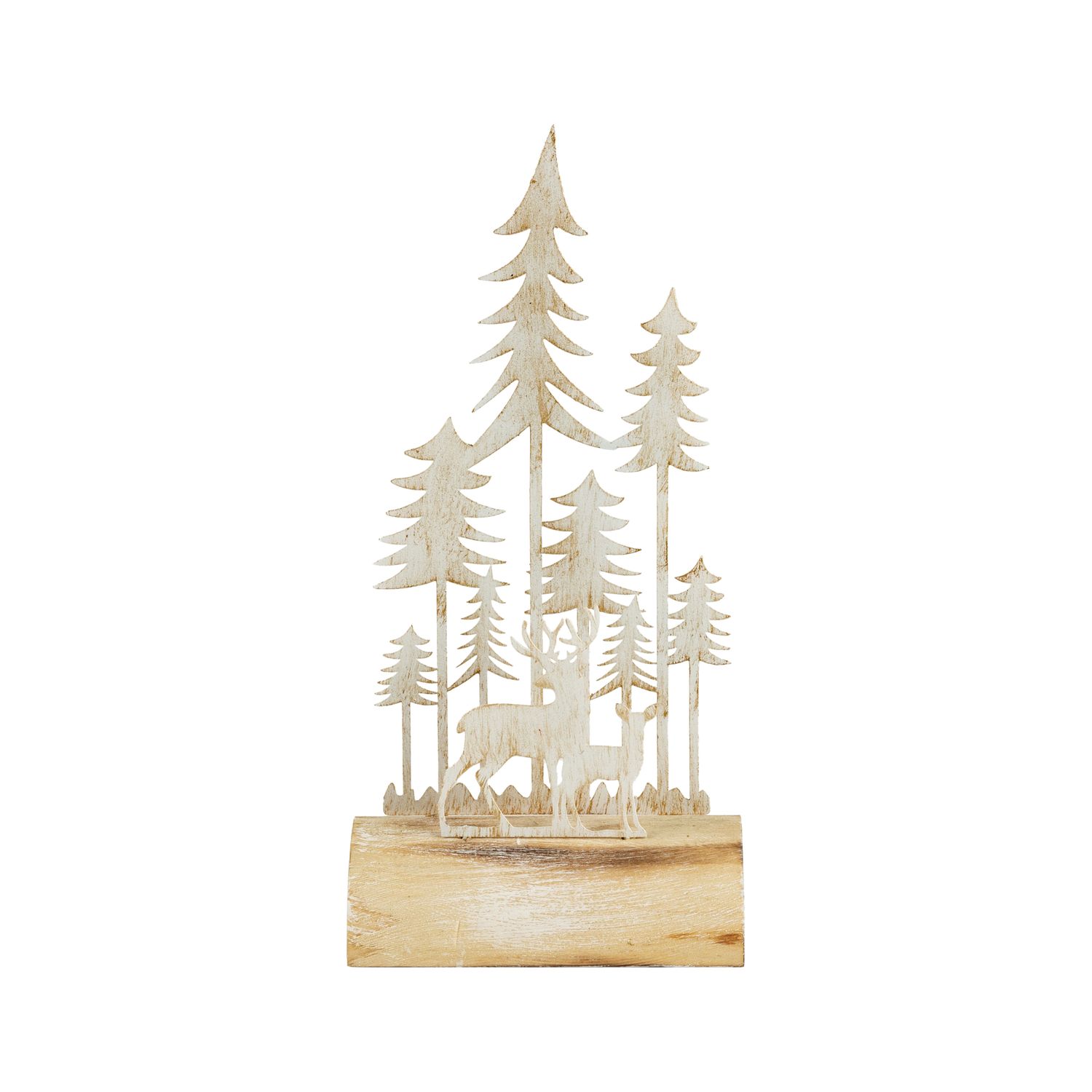 Painted white metal with gold wash horizontal forest scene on rustic wood base, 10 in  6      