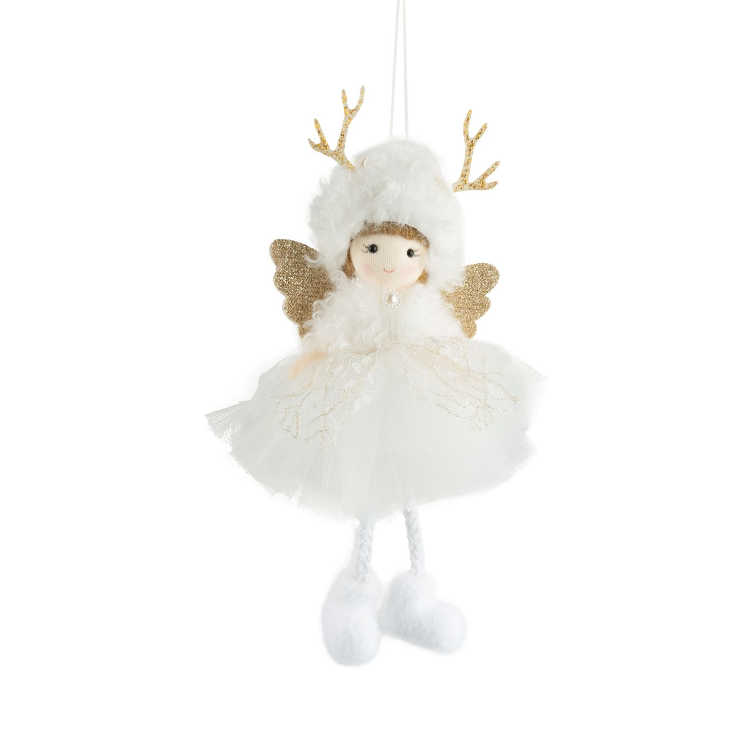 Fabric angel ornament with glittery white tulle skirt, gold wings and reindeer antlers, 7.5 in  12      