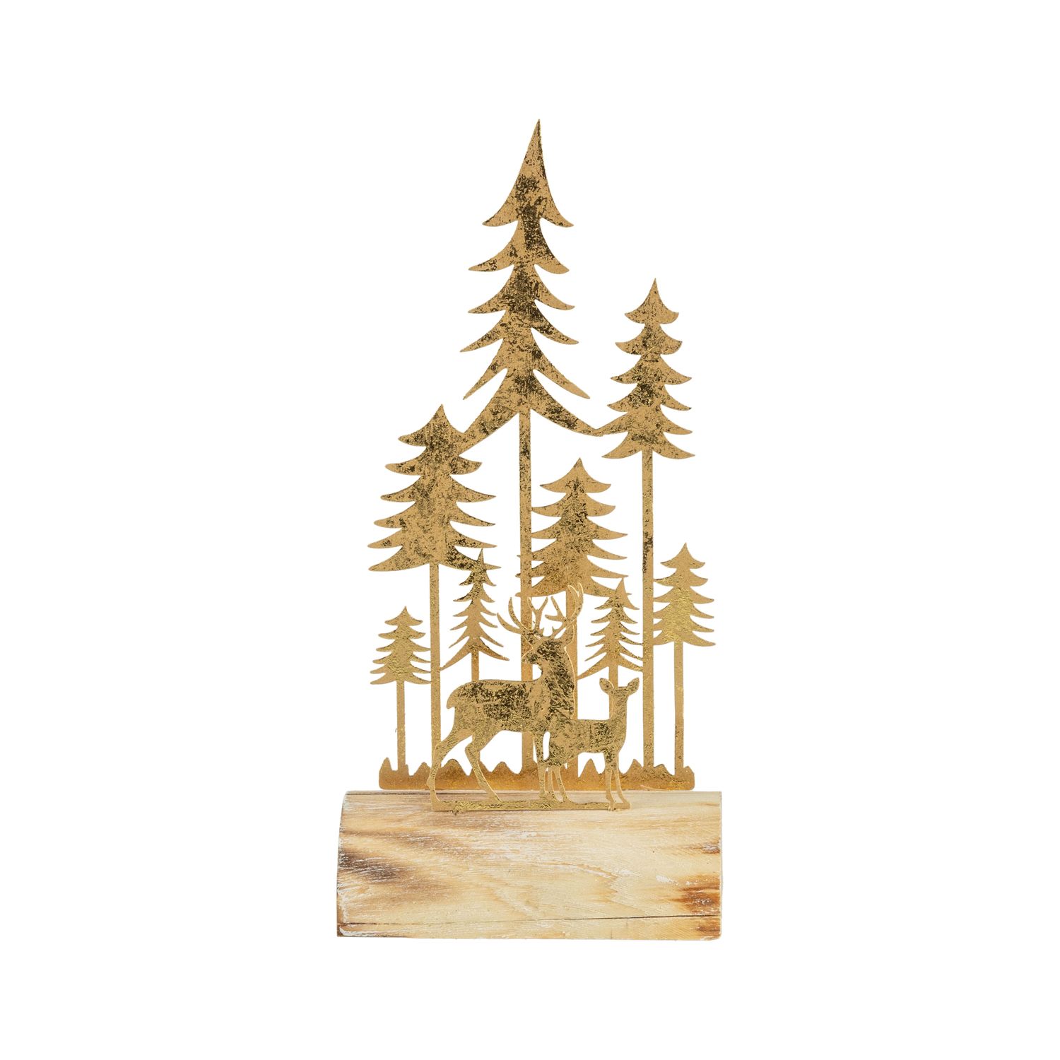 Gold foiled metal horizontal forest scene on rustic wood base, 10 in  6      
