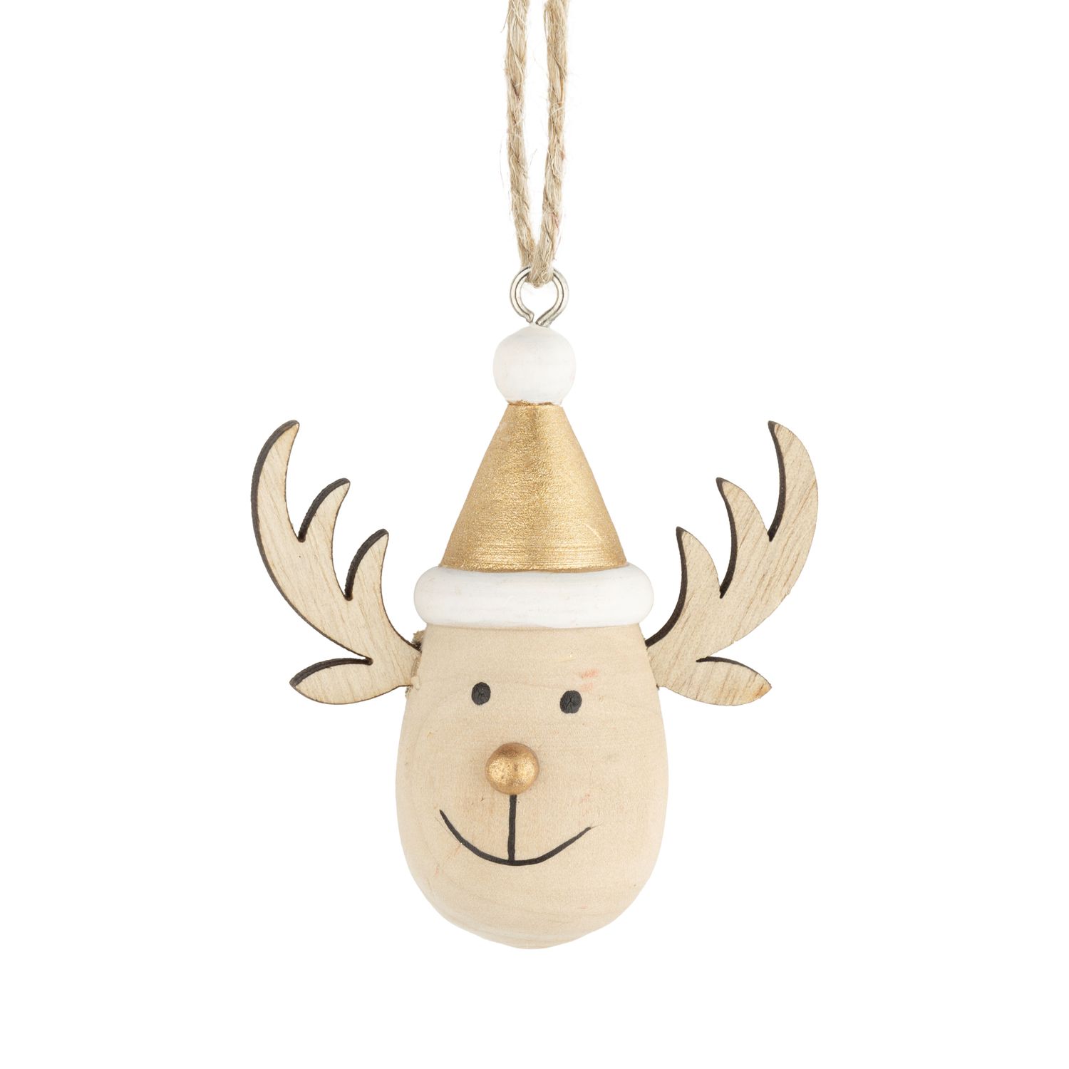 Wood reindeer with painted wood antlers and gold hat ornament, 3 in  24      