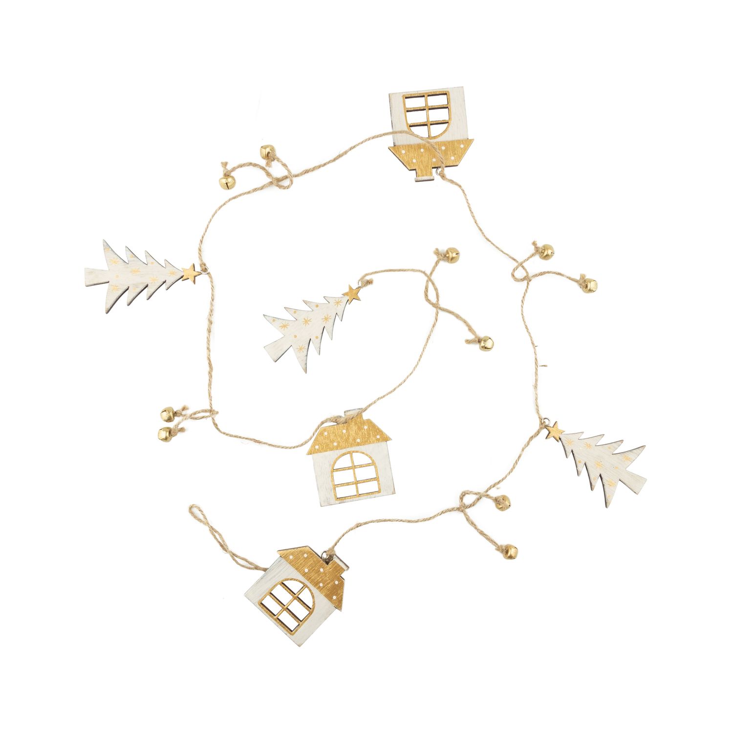 Painted wood and tree garland with bells, gold and white, 53 in  6      