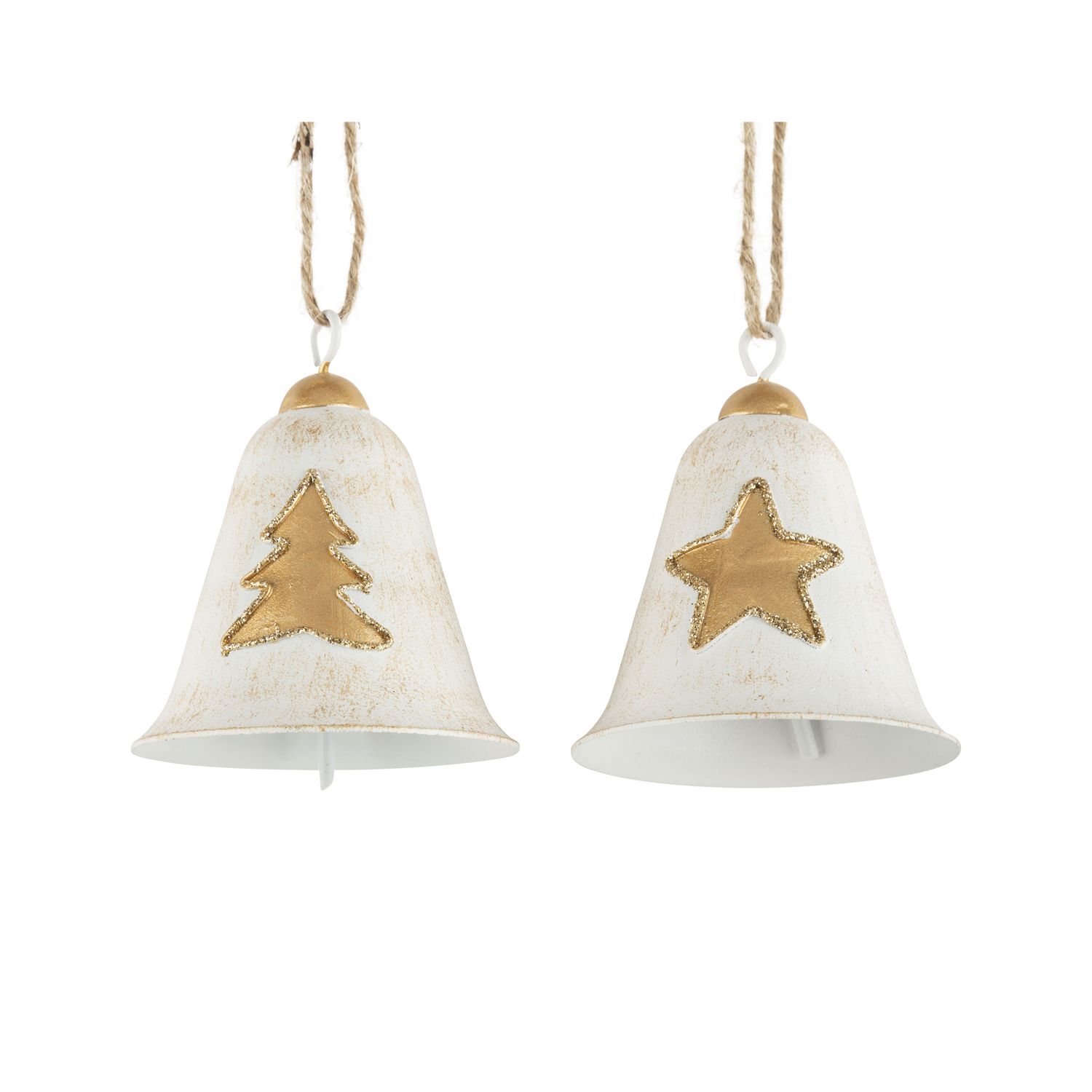 2 Asst&#39;d painted metal bell ornaments, white with gold foil star and tree, 3 in  12      