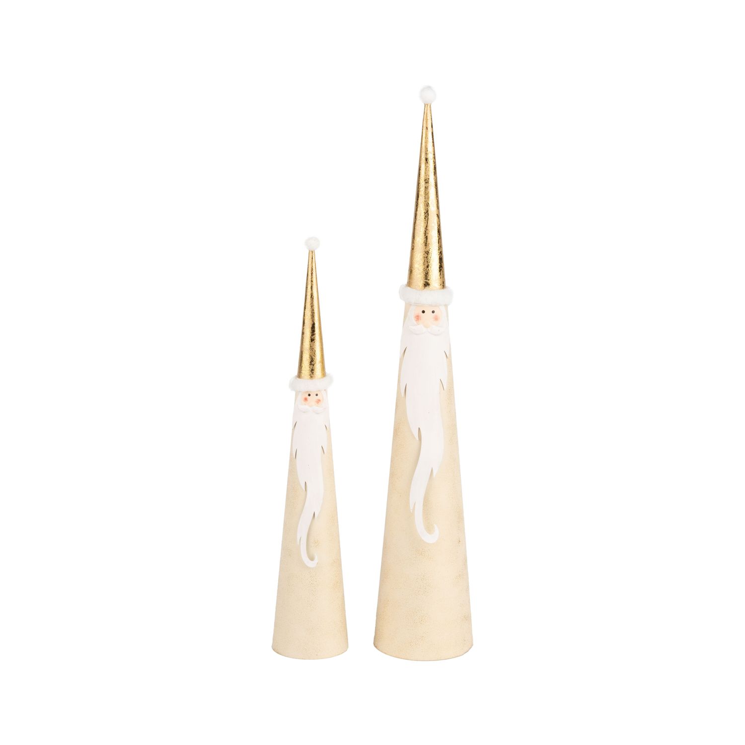 Set of 2 cream and gold metal cone Santa table pieces, foiled hat and 3D beards 11+14.5 in  4      