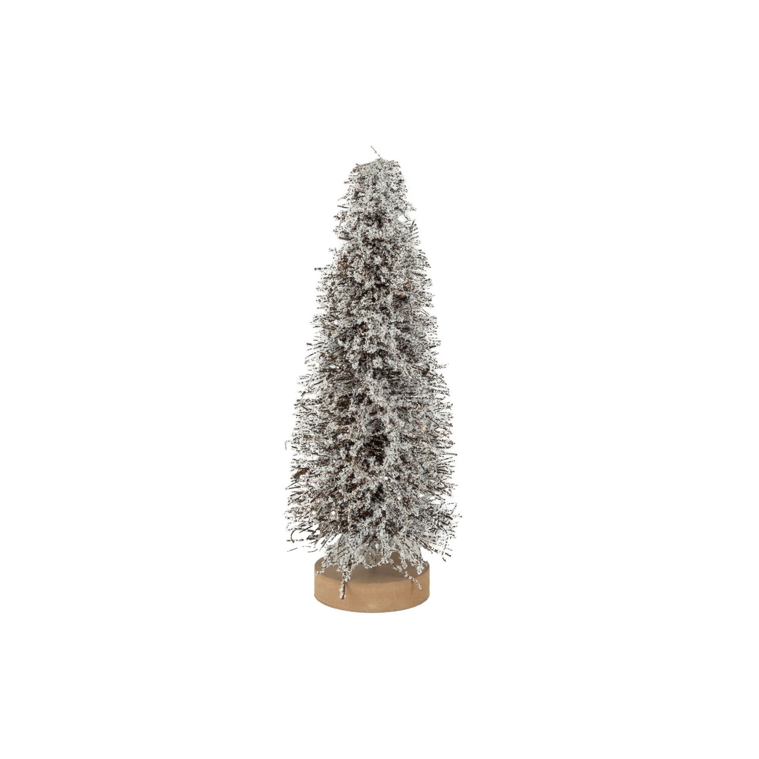 Frosted salem bottle brush tree with wood base, brown, 12 in