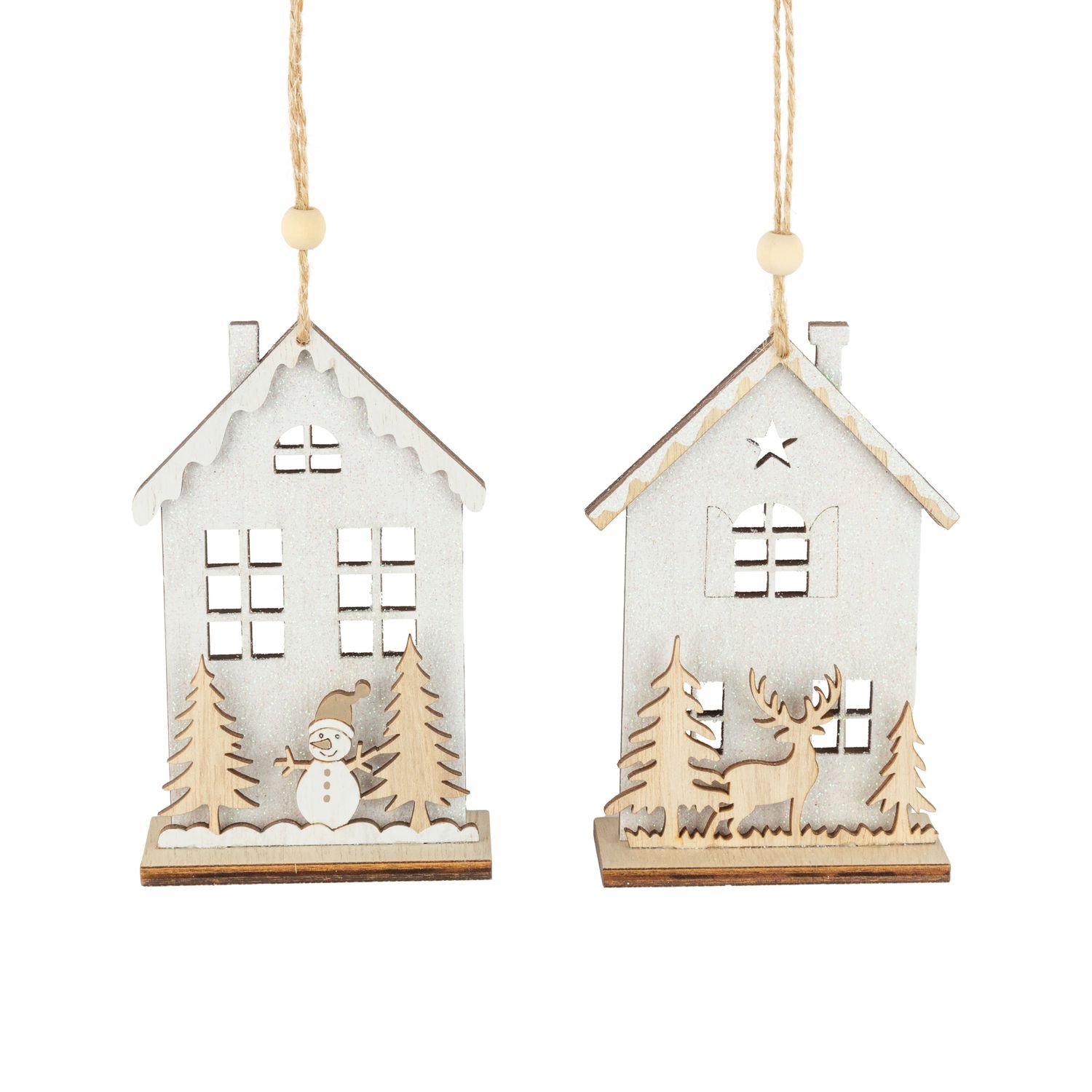 2 Asst&#39;d painted and glittered wood house moon ornaments, 4.75 in  12      