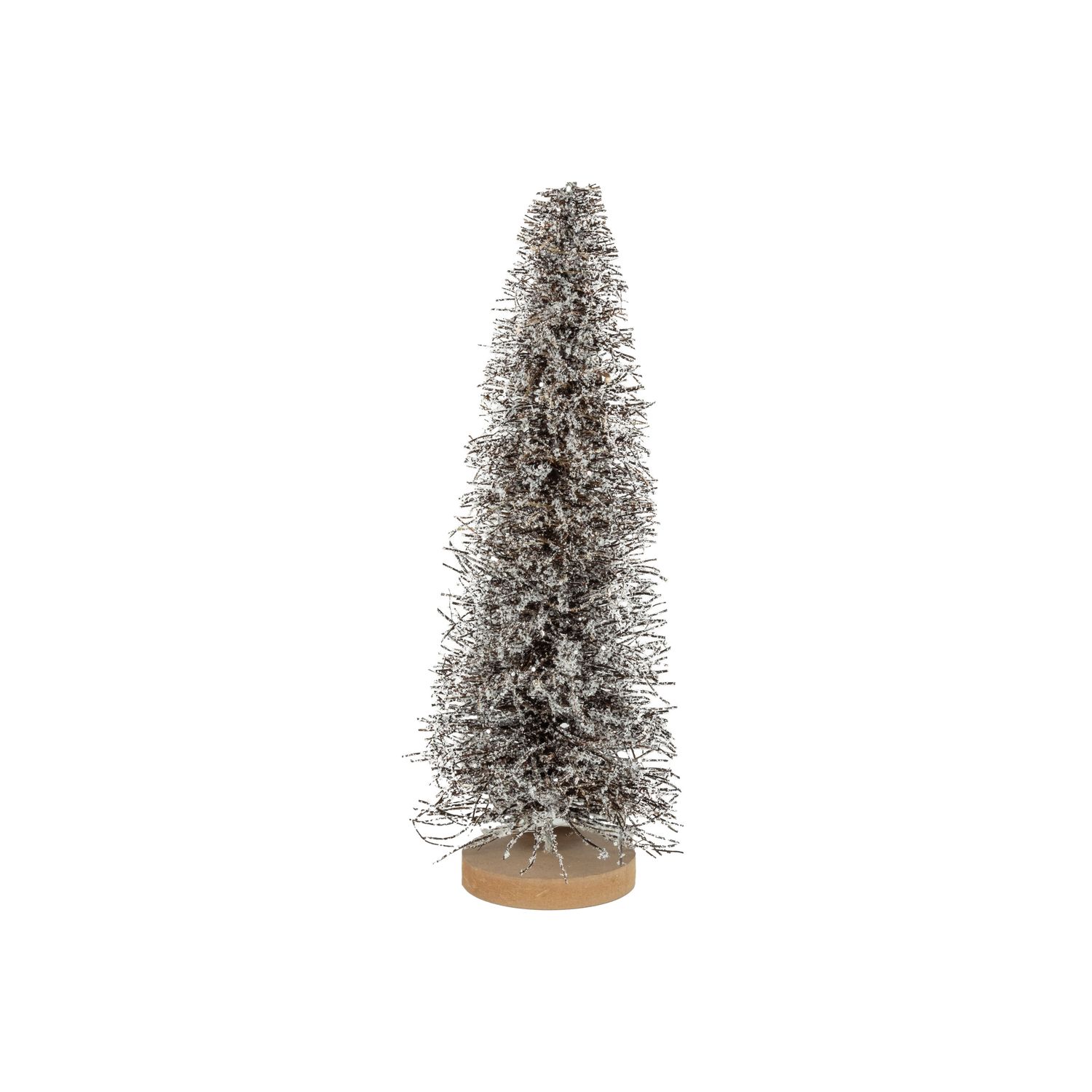 Frosted salem bottle brush tree with wood base, brown, 16 in