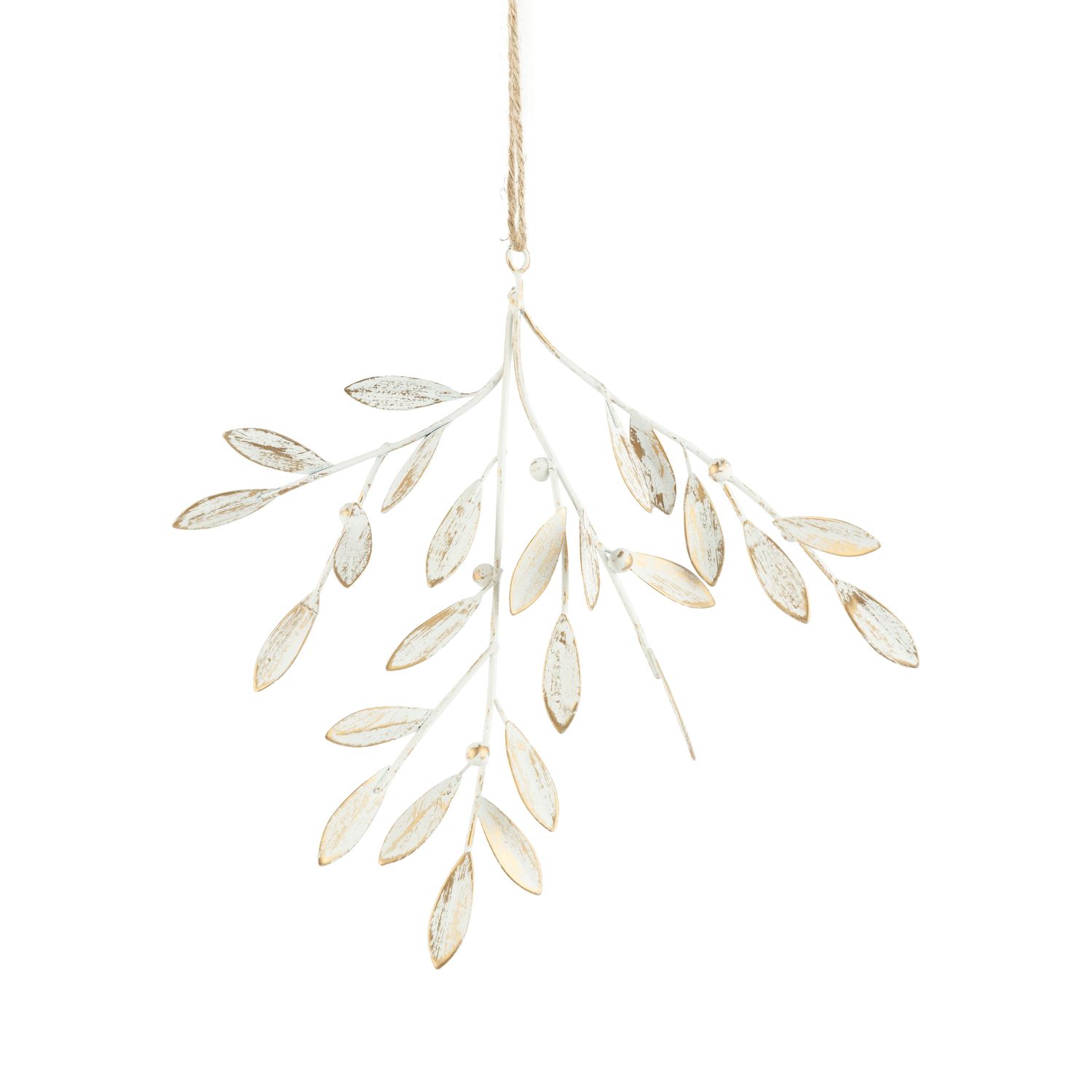 Painted metal mistletoe branch ornament, white with gold wash, 7 in  8      