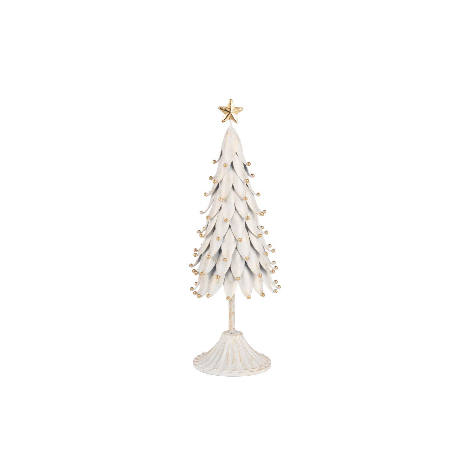 Painted metal petal tree, white with gold wash and gold bead tips, 14 in  2      