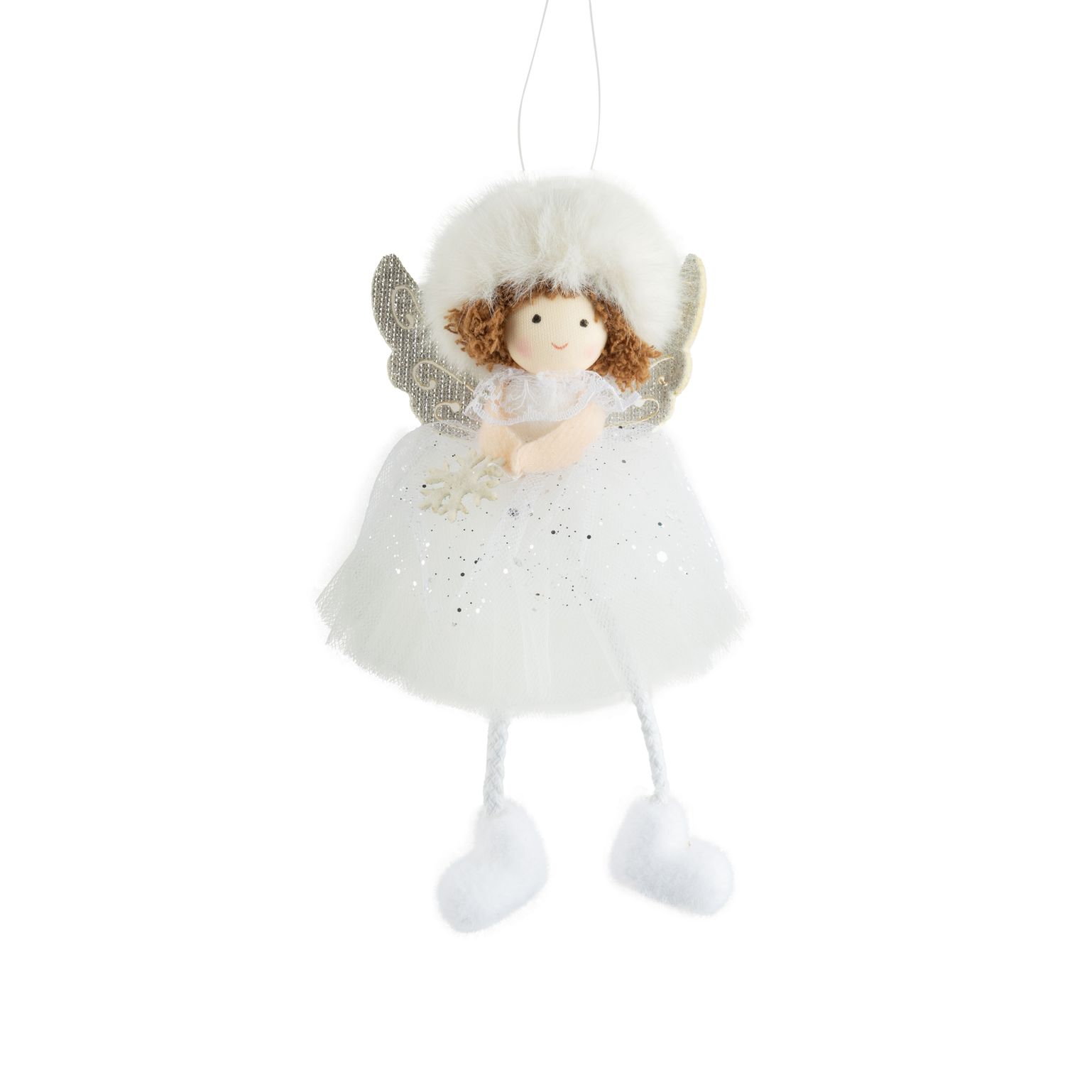 Fabric angel ornament with glittery white tulle skirts and silver wings, 7.5 in  12      