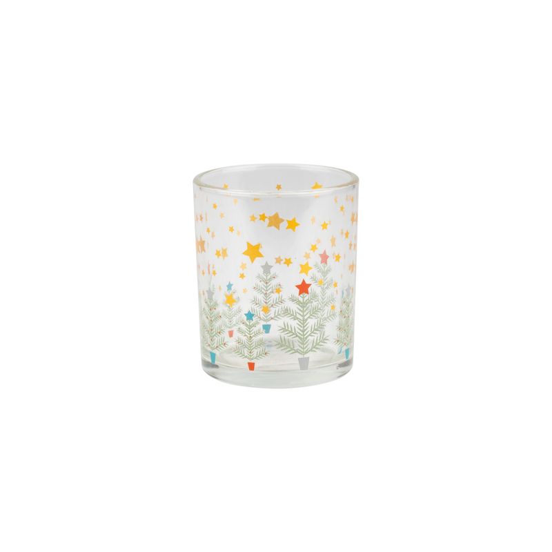 Glass t-light holder, clear glass with potted green trees and gold stars, 3 in  6            