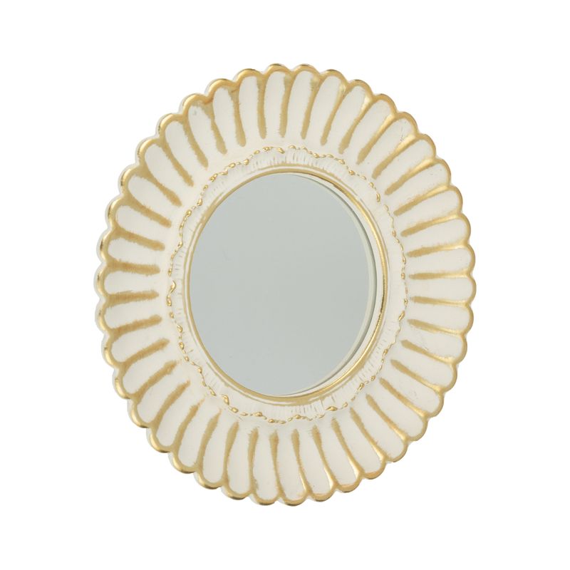 Round mirror in white and gold painted resin floral frame, 7.3 in  4       