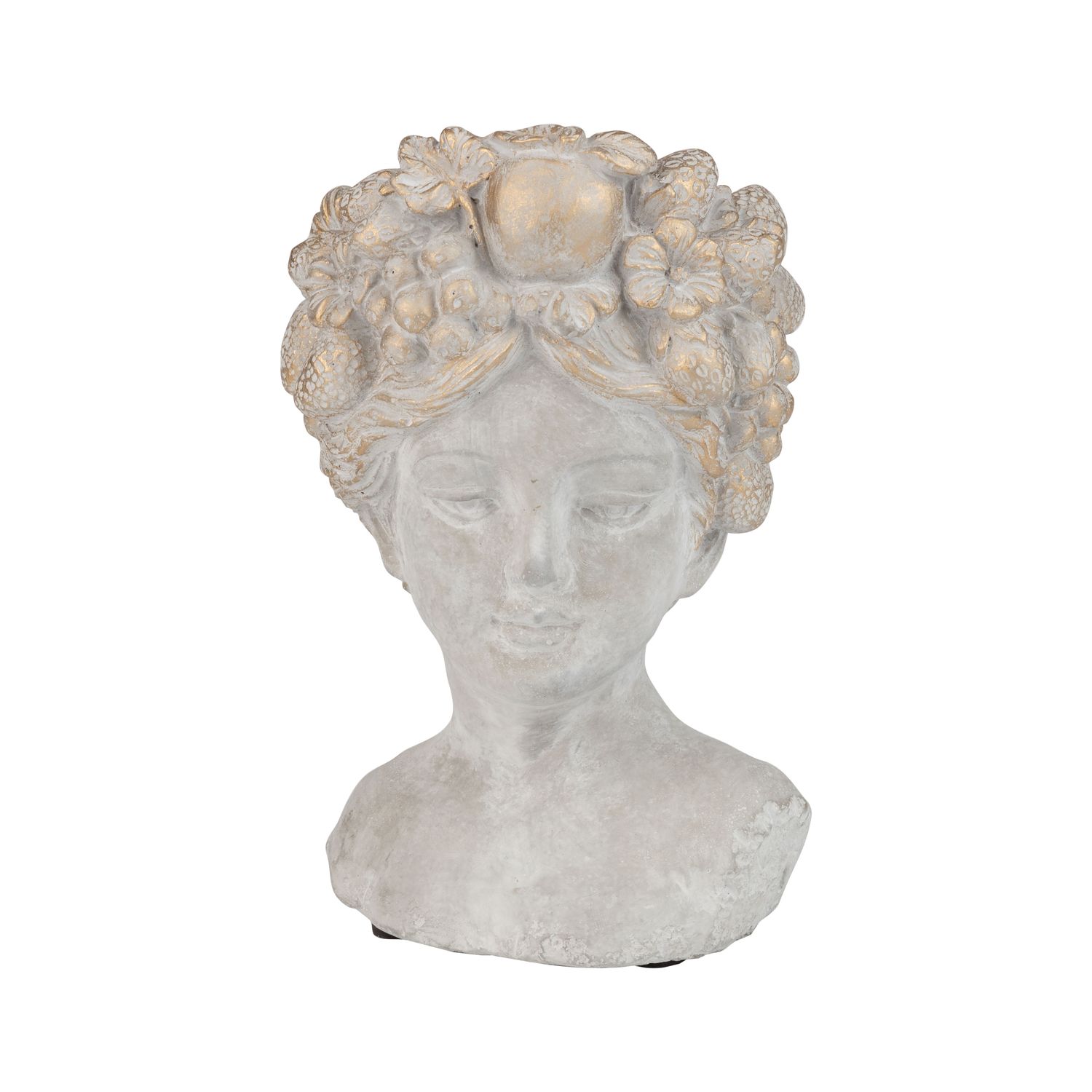 Molded cement bust pot cover with floral hair pattern, light gold wash, 8.5 in  2       