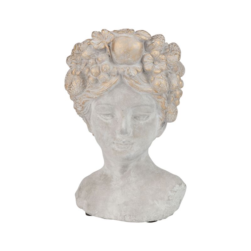 Molded cement bust pot cover with floral hair pattern, light gold wash, 8.5 in  2       