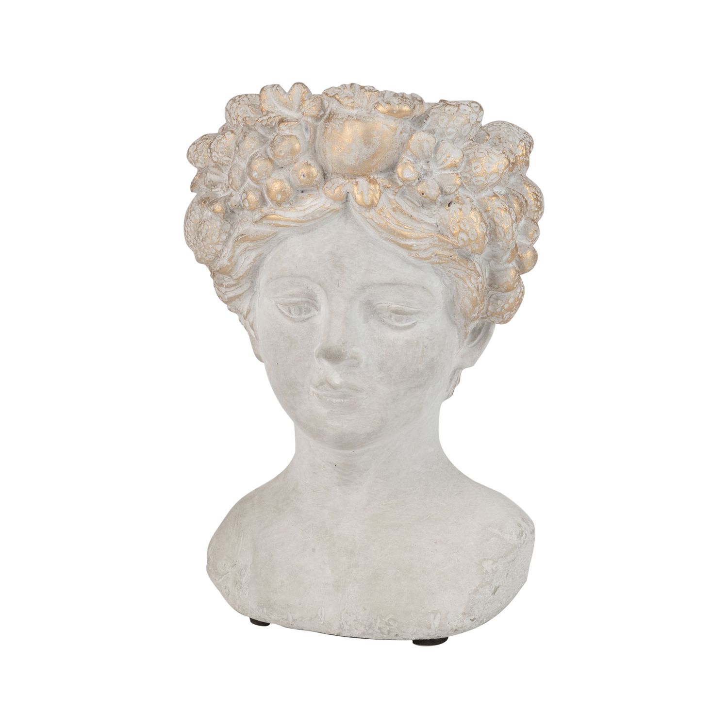 Molded cement bust pot cover with floral hair pattern, light gold wash, 6.5 in  4       