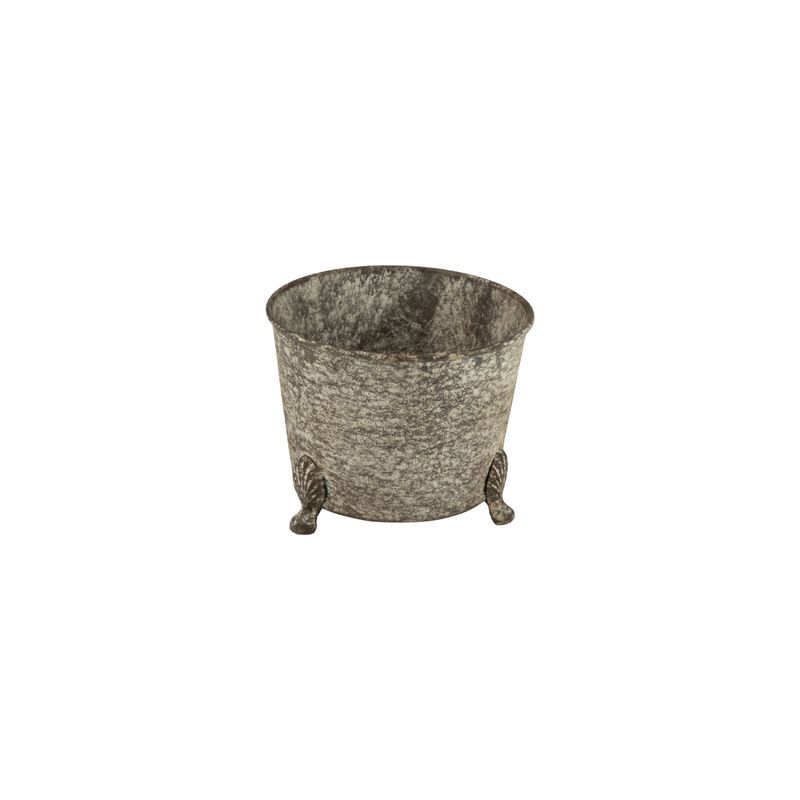 Round metal planter with cast iron feet, antique galvanized finish, 5.5 in