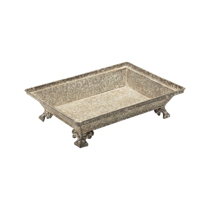 Rectangular metal tray with cast iron feet, antique galvanized finish, 12 in  2      