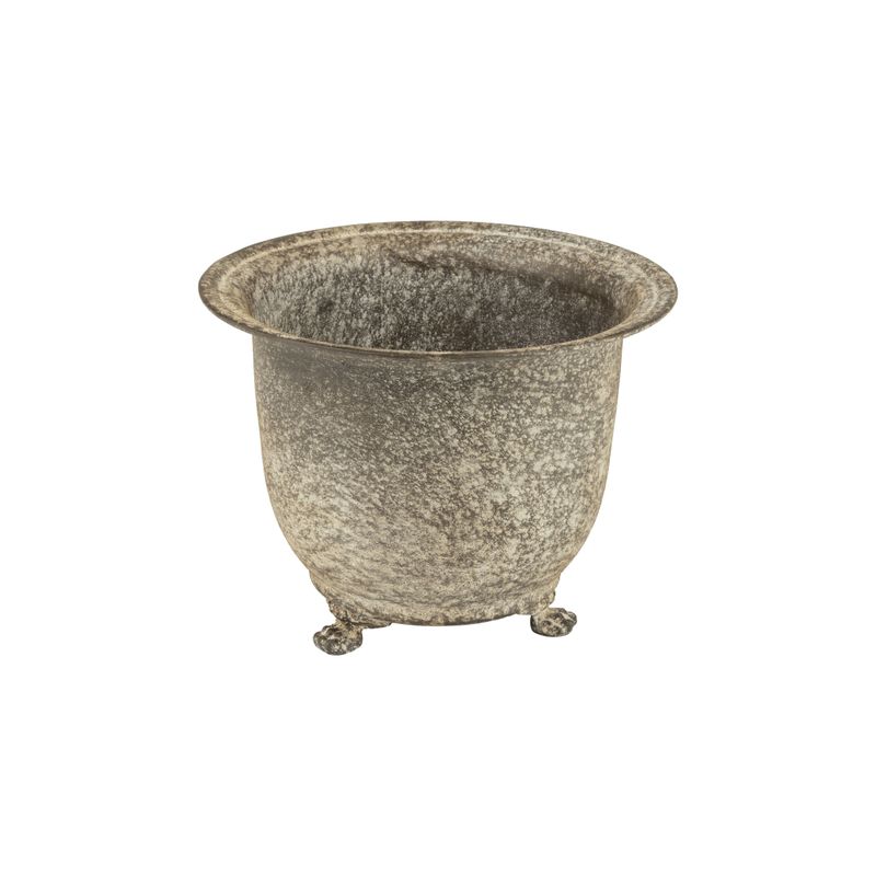 Round planter with cast iron feet, antique galvanized metal, 8.5 in