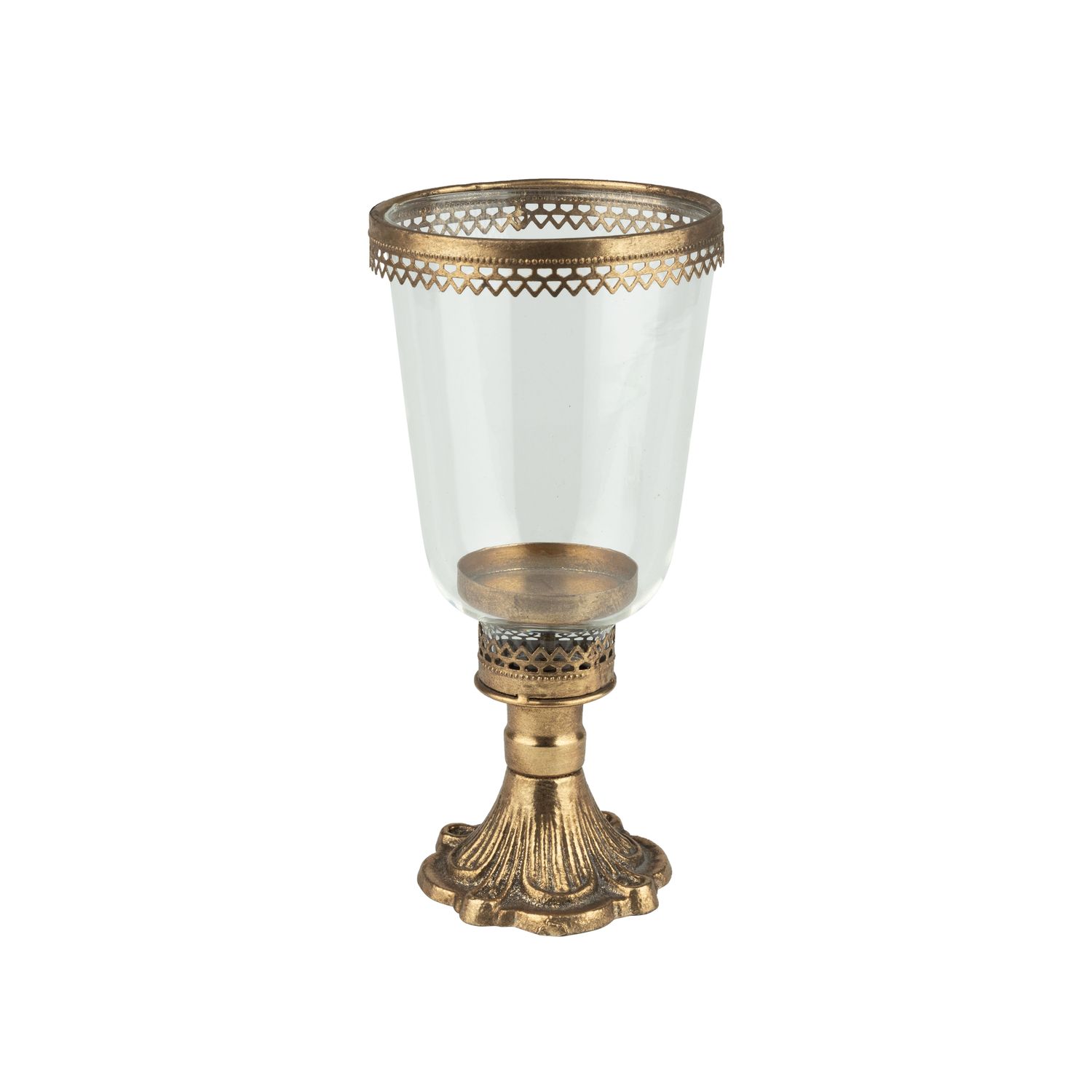 Glass hurricane lamp shape holder with removable glass, cast iron base and metal rim, 9.5 in  2