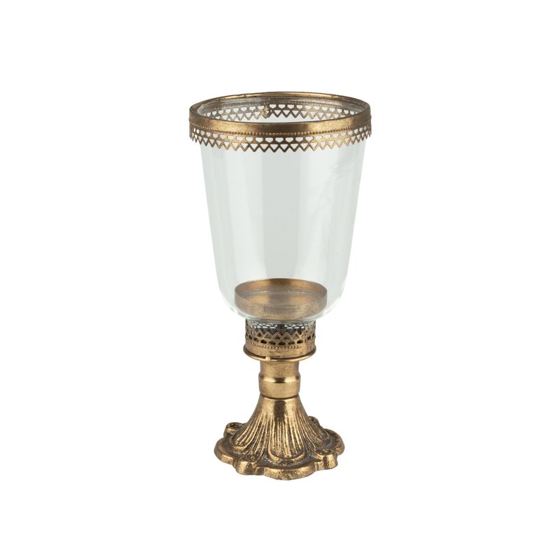 Glass hurricane lamp shape holder with removable glass, cast iron base and metal rim, 9.5 in  2