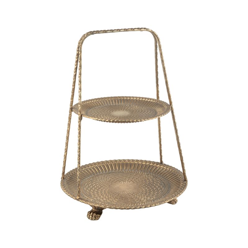 Two-tiered metal stand, honey comb patter plates with twisted metal handle, antique bronze finish, 13x9.75 in  2      
