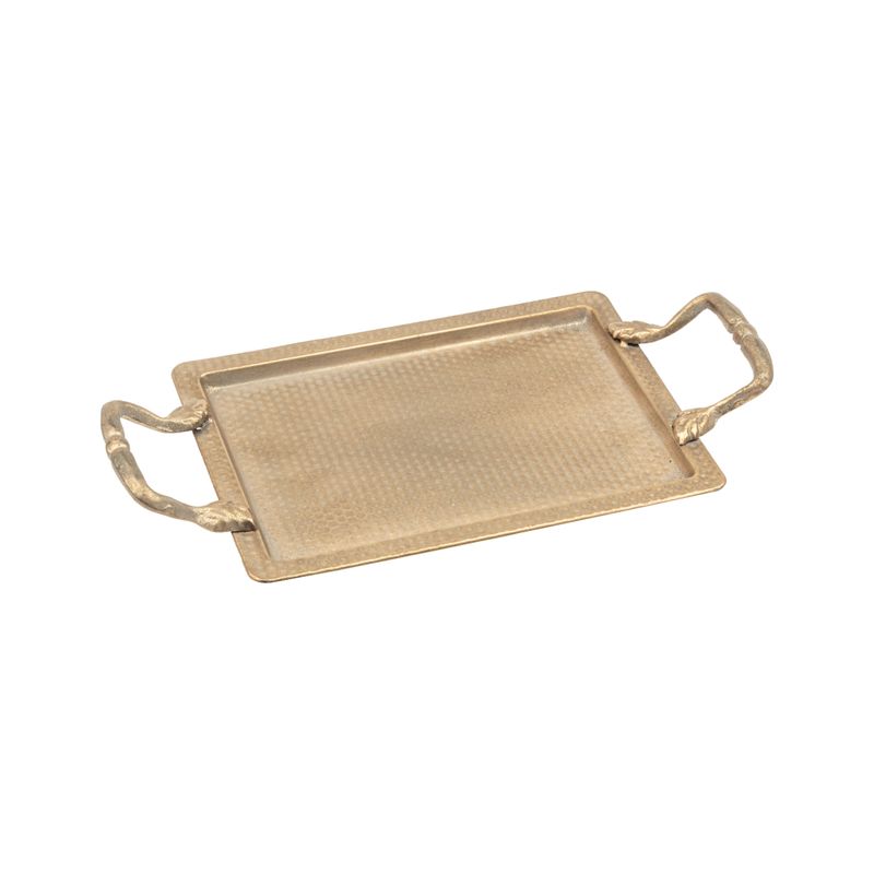 Antique rectangular metal tray, honeycomb pattern with cast iron handles, 13x7 in  2      