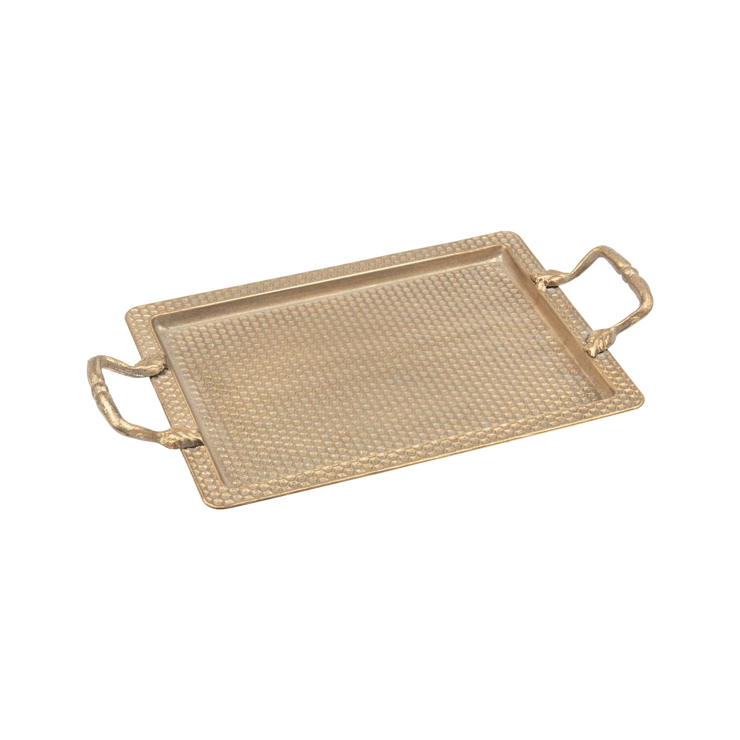 Antique rectangular metal tray, honeycomb pattern with cast iron handles, 16x9 in  2      
