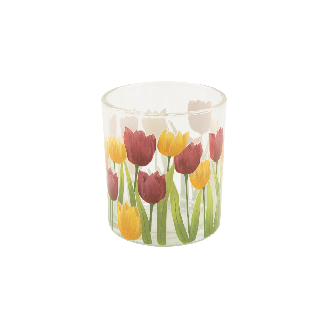 Clear glass votive holder with bright tulip pattern, 3 in  6       