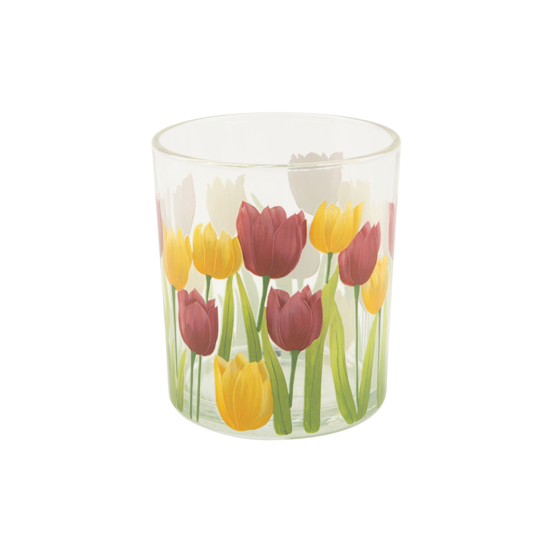 Clear glass votive holder with bright tulip pattern, 4 in  6       