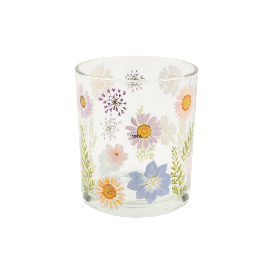 Clear glass votive holder with wildflower print, 4 in  6       