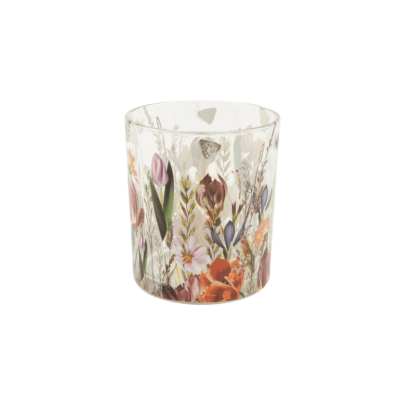 Clear Glass holder table piece with darker spring flower pattern, 3 in  6