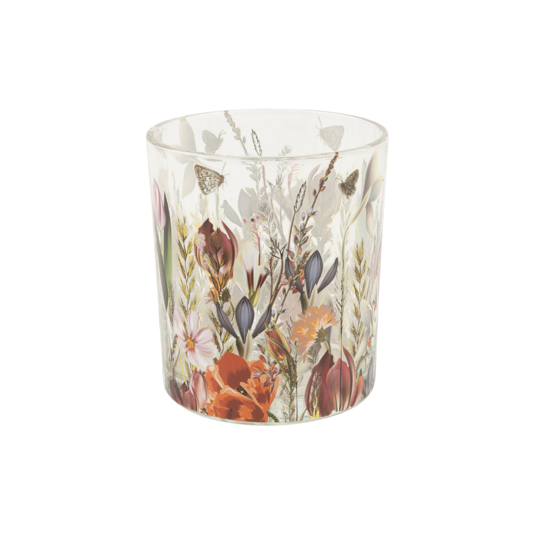 Clear Glass holder table piece with darker spring flower pattern, 4 in  6