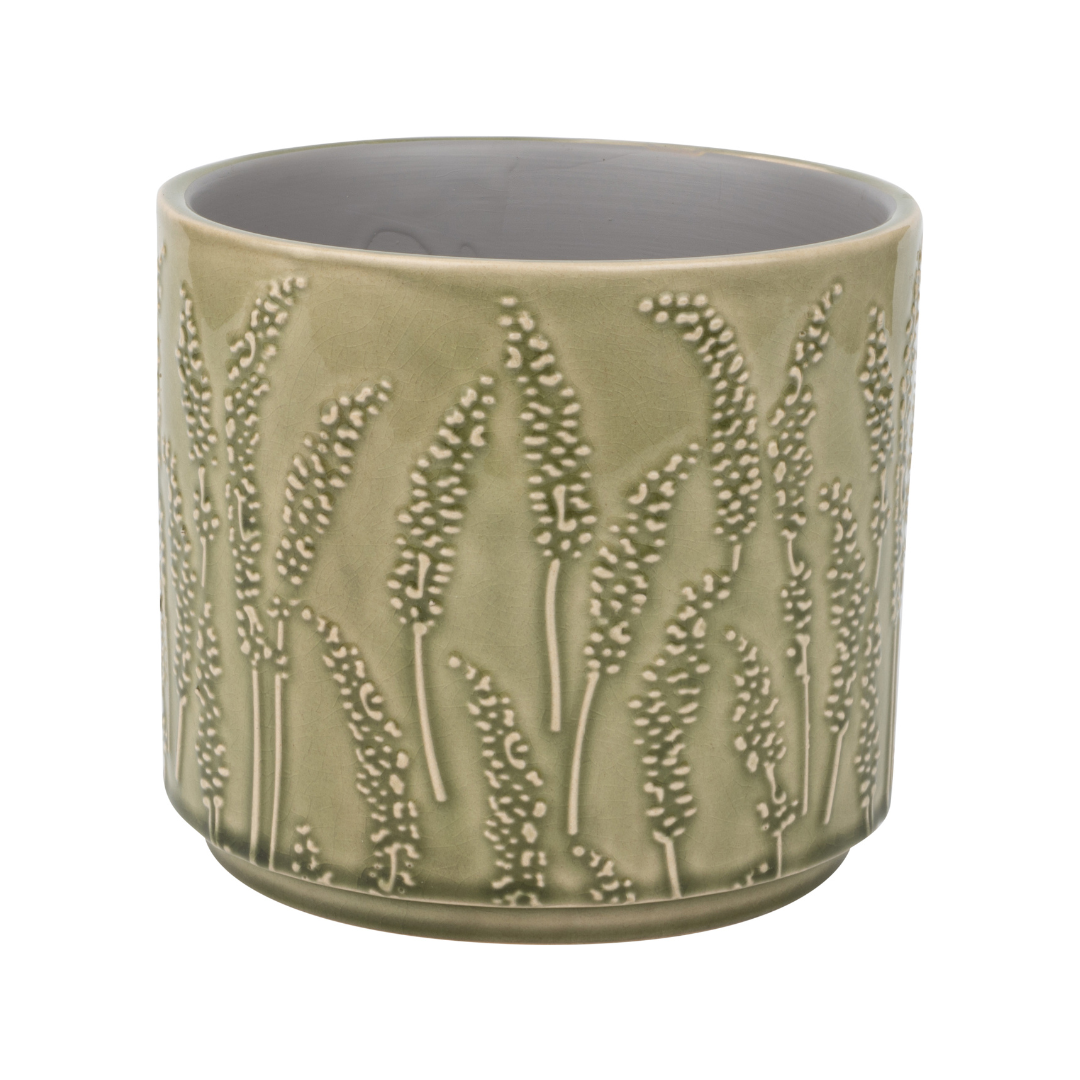 Floral stem pattern ceramic pot cover, pale green, 7x7x5.5 in  4              
