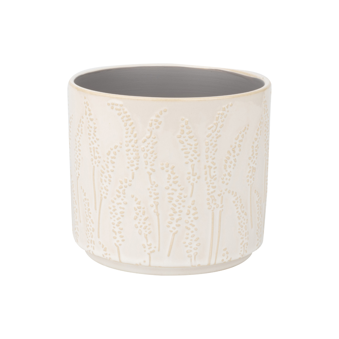 Floral stem pattern ceramic pot cover, off white beige, 5x5x5 in  6           