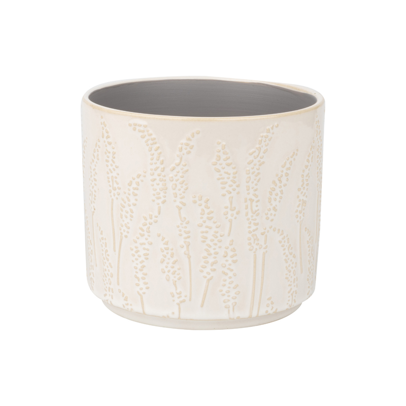 Floral stem pattern ceramic pot cover, off white beige, 5x5x5 in  6           