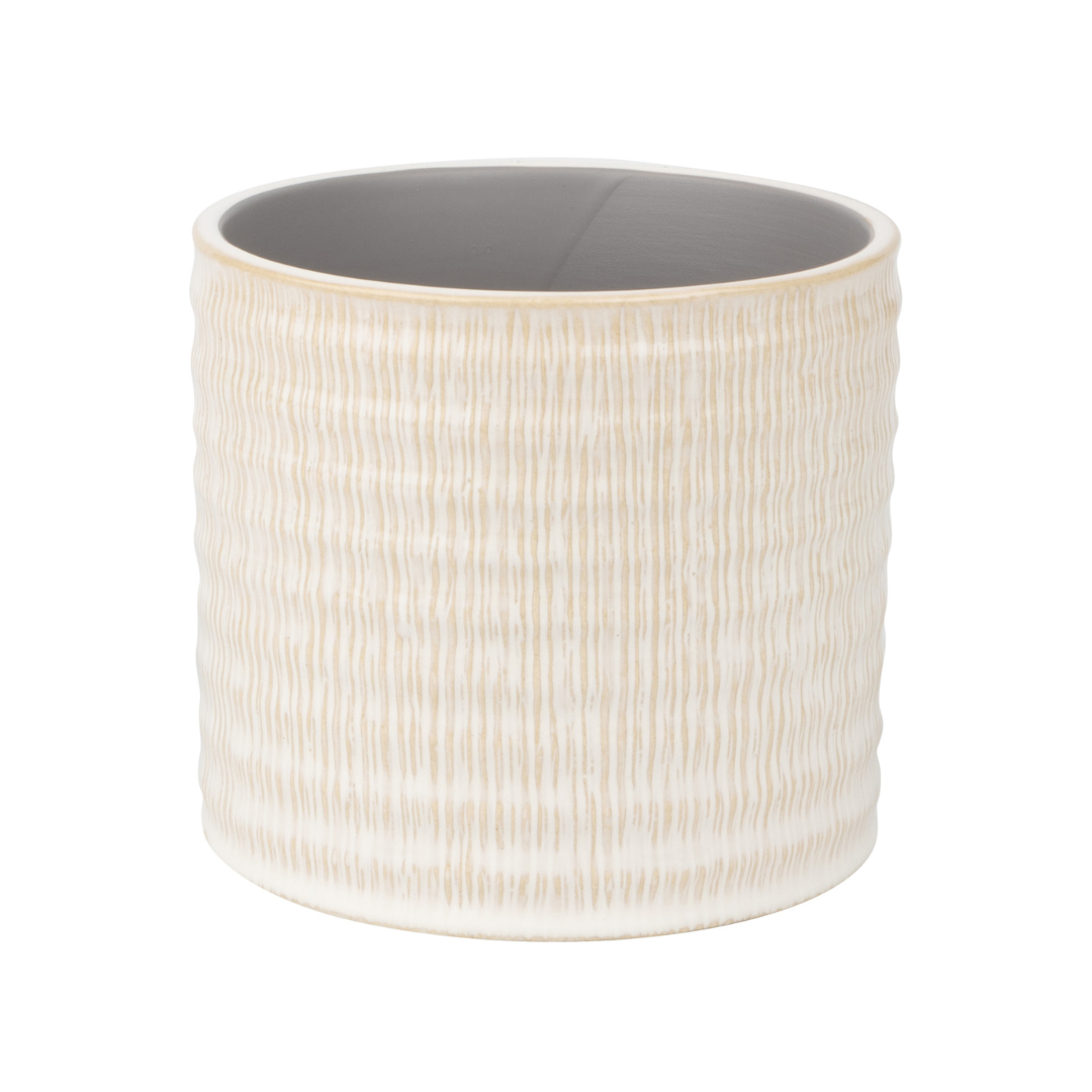 Textured linen pattern ceramic pot cover, off white beige, 5.5x5.5x5 in  6              