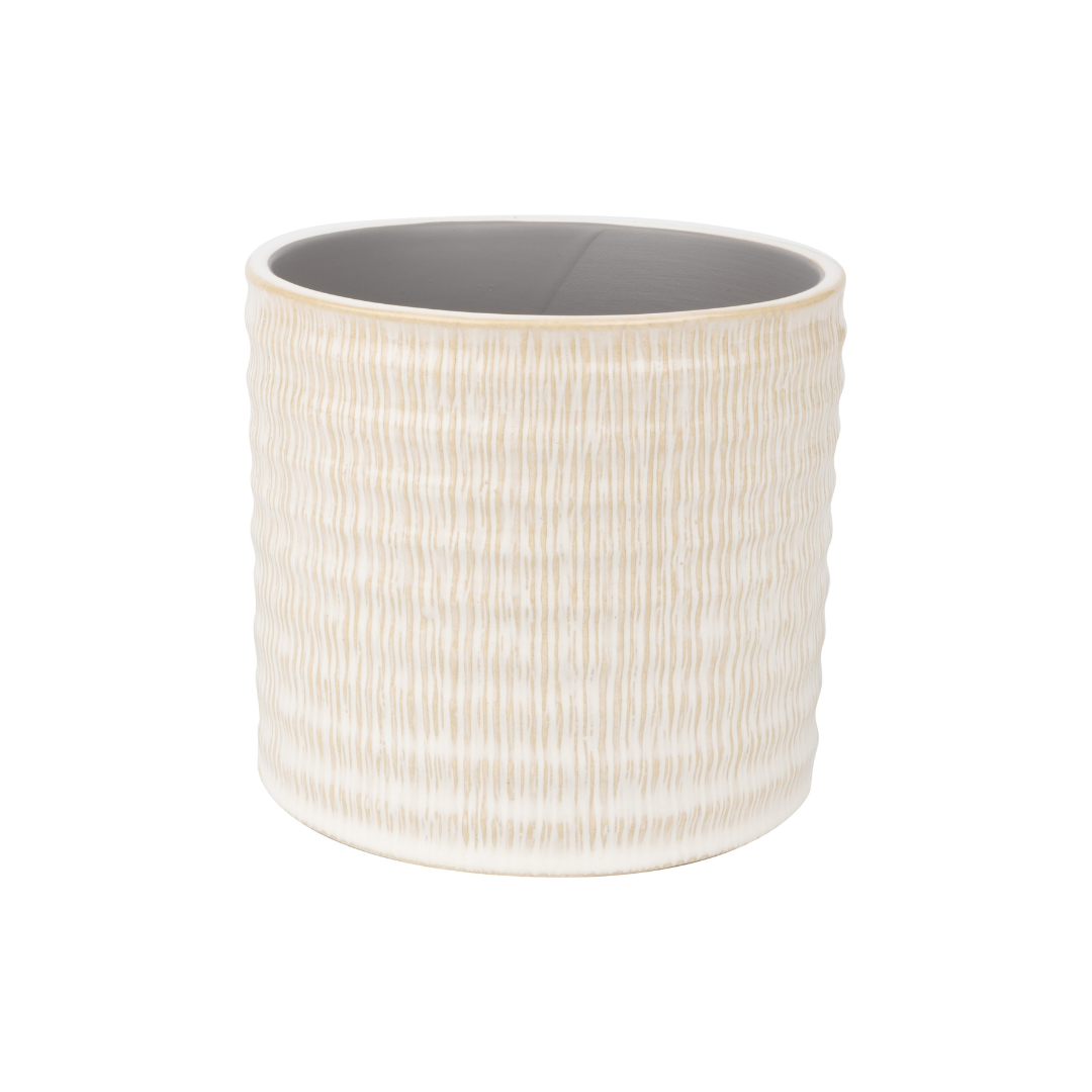 Textured linen pattern ceramic pot cover, off white beige, 4.75x4.75x4 in  8           
