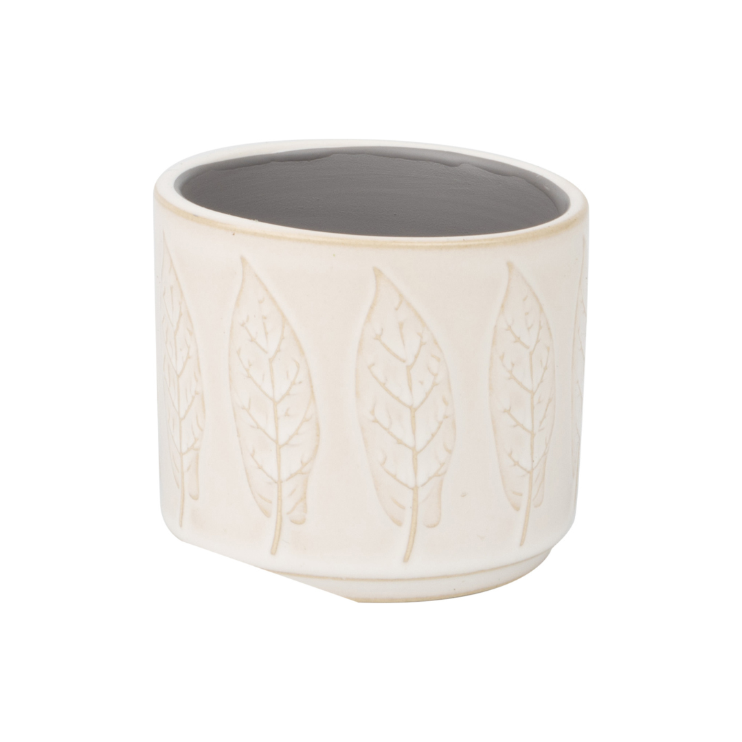 Leaf pattern ceramic pot cover, grayish/white, 3x3x2.75 in  8                     