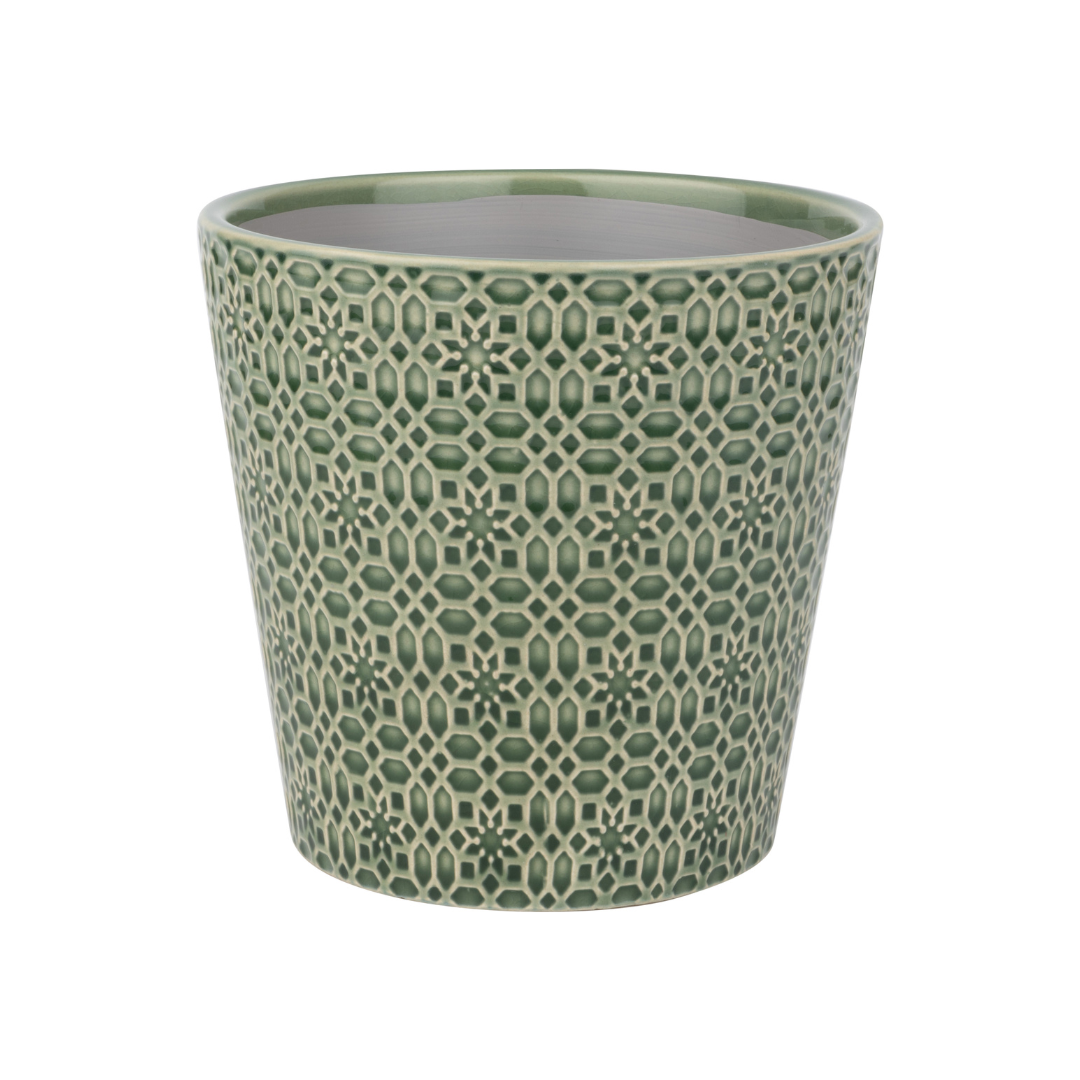 Tapered ceramic pot cover, geometric floral pattern, dark green, 6.3x6.3x6 in  4              