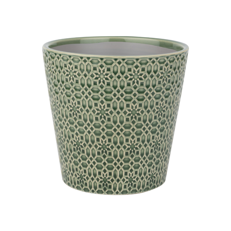 Tapered ceramic pot cover, geometric floral pattern, dark green, 6.3x6.3x6 in  4              