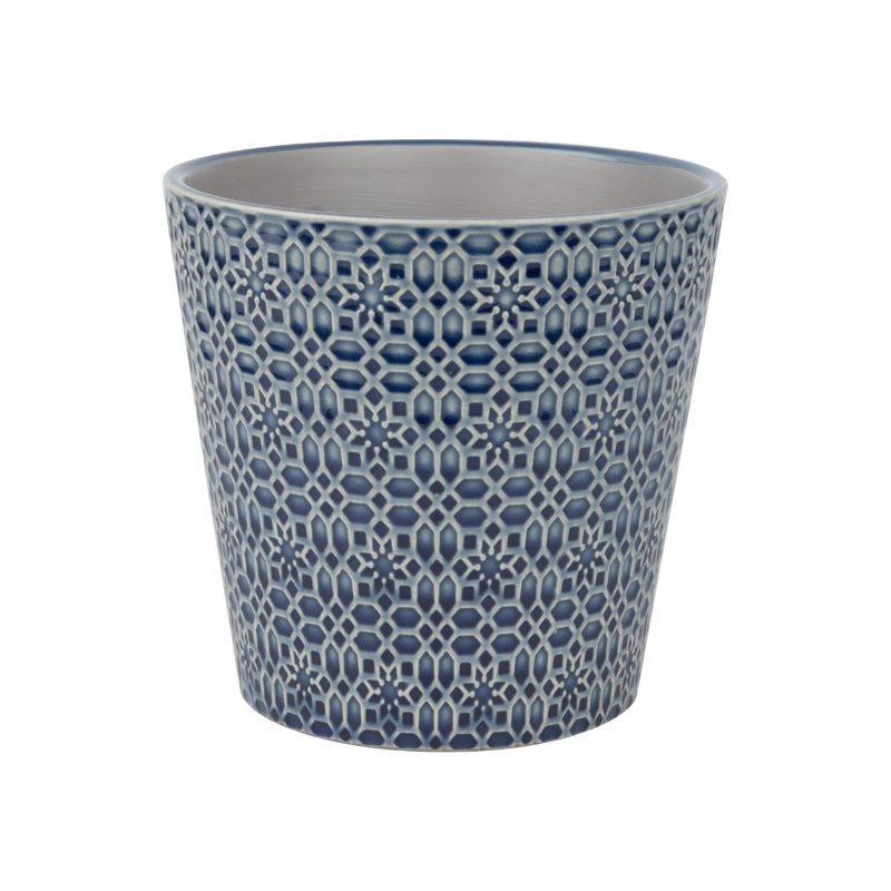 Tapered ceramic pot cover, geometric floral pattern, dark blue, 6.3x6.3x6 in  4              