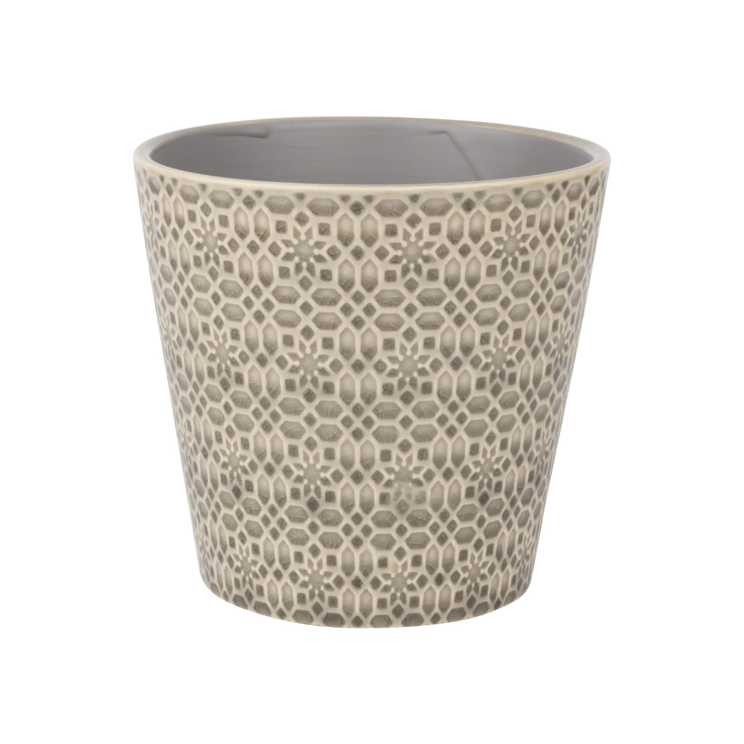 Tapered ceramic pot cover, geometric floral pattern, grey, 6.3x6.3x6 in  4              