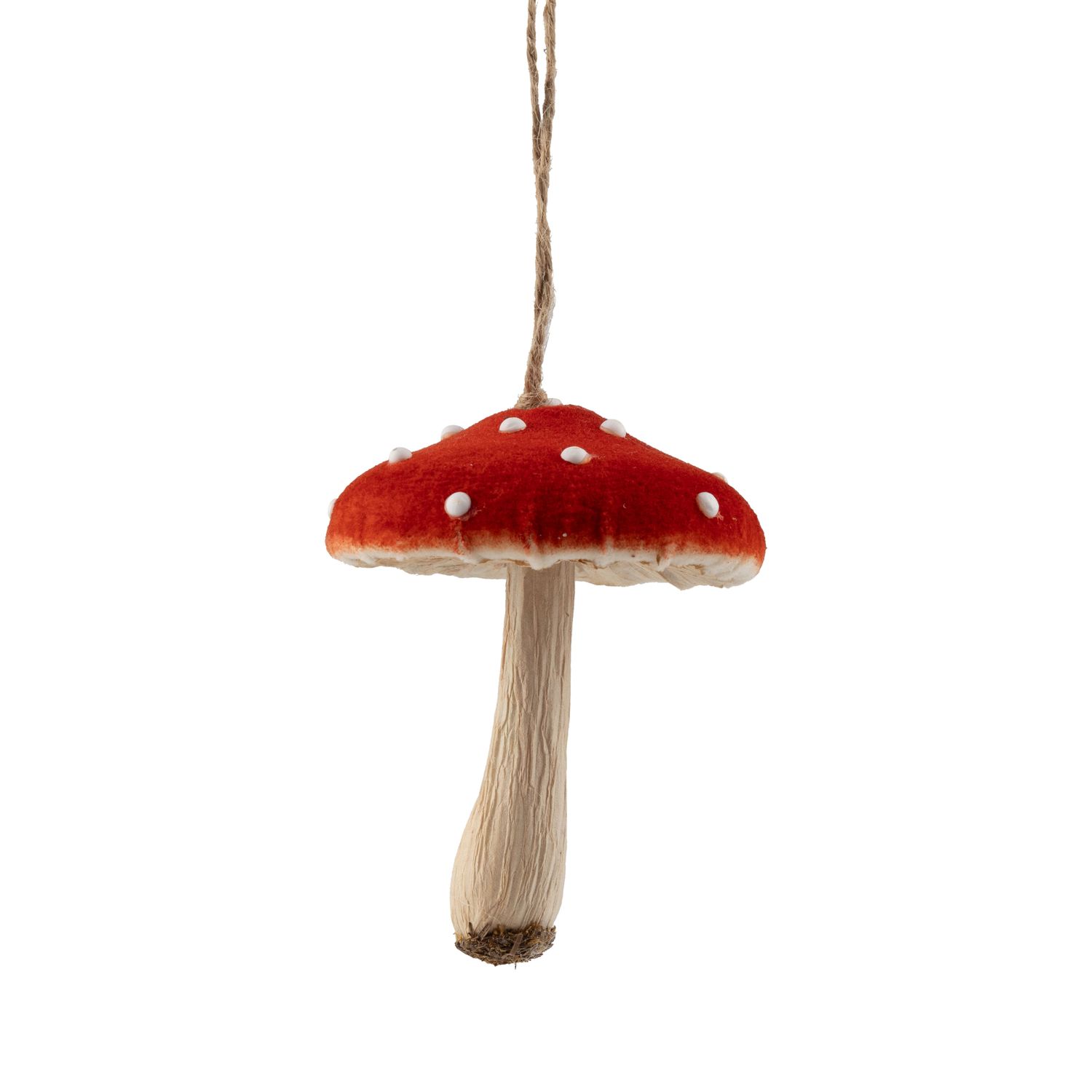 Red mushroom ornament, soft velvet material with white dots and paper stem, 3.75 in  12