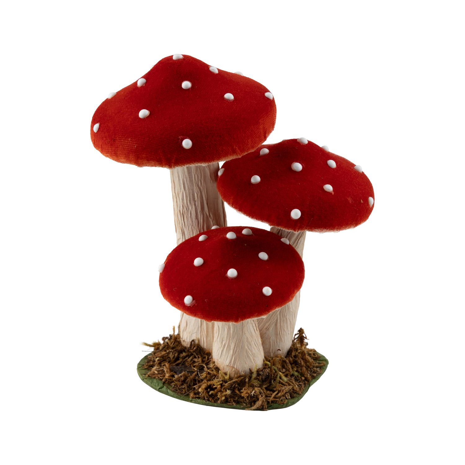 Red mushroom table piece, soft velvet material with white dot paper stem and base with moss, 6.5 in  6