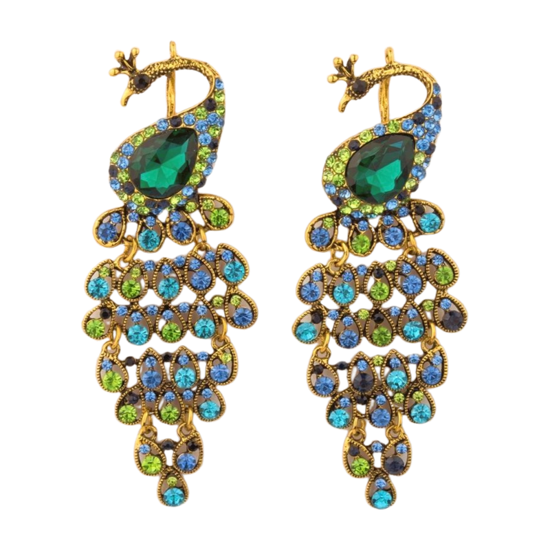 Acrylic jewel peacock ornament on gold metal frame, 4in  6