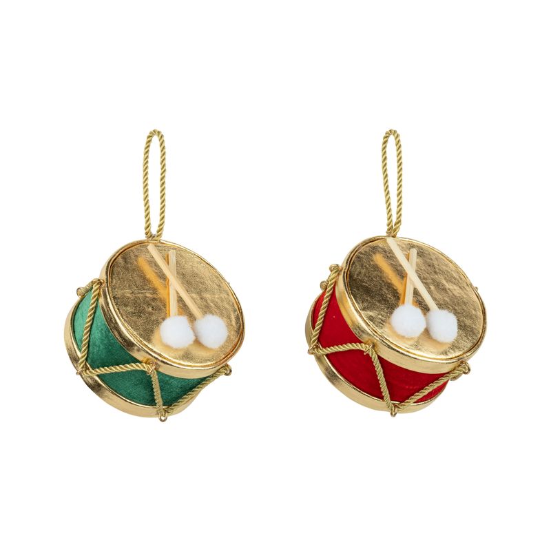 2 Asst&#39;d fabric drum ornaments, gold tops red and green base and drumsticks, 2.75 in  12