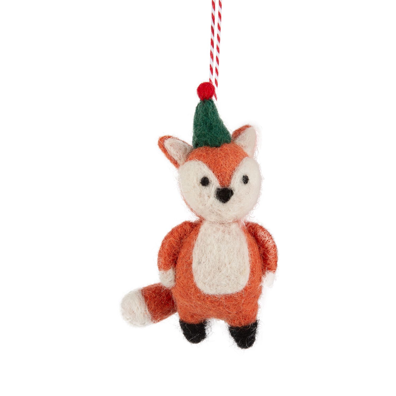 Felt fox ornament, orange/white with green hat, 3.5 in  6