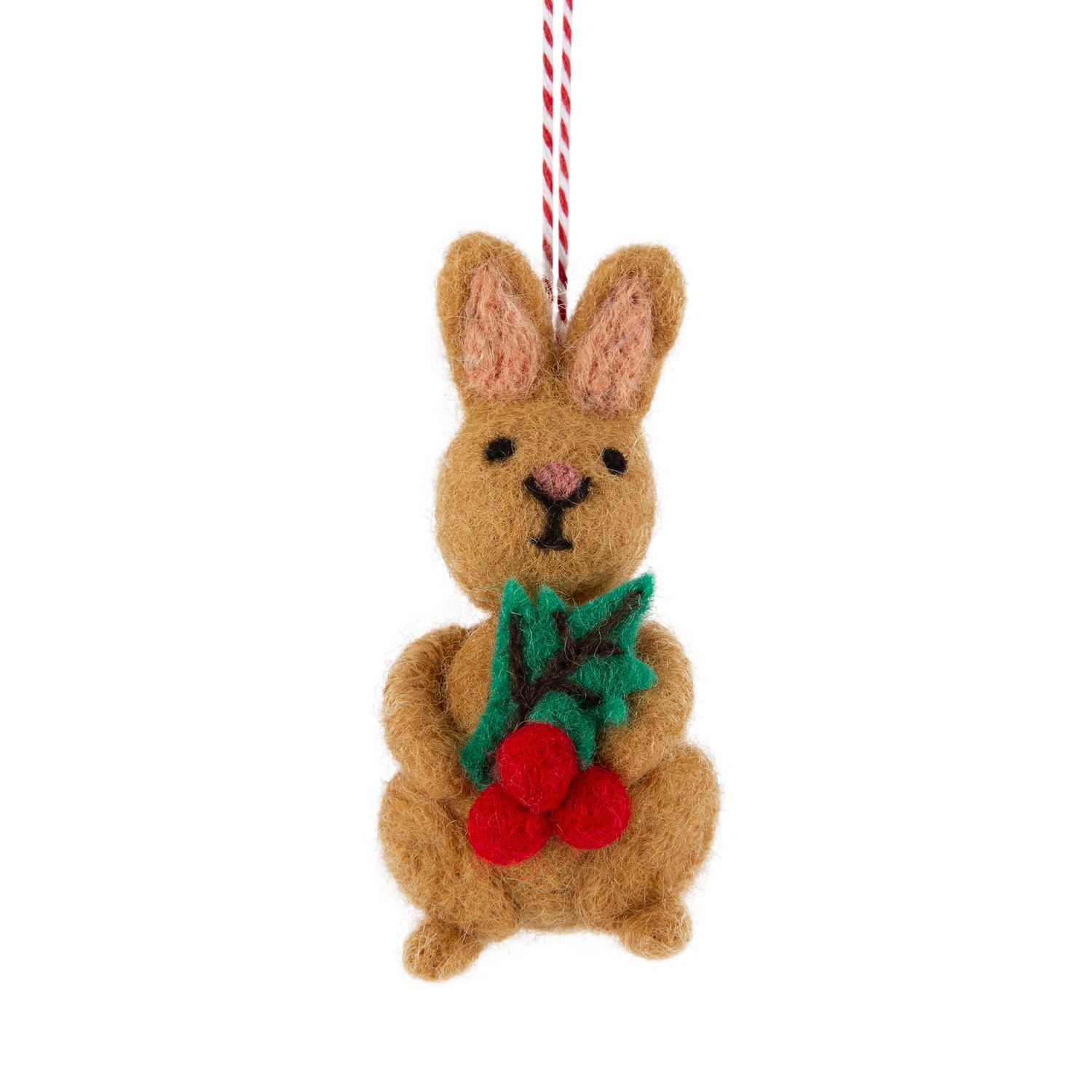 Felt rabbit ornament, light brown holding holly leaves, 3.5 in  6