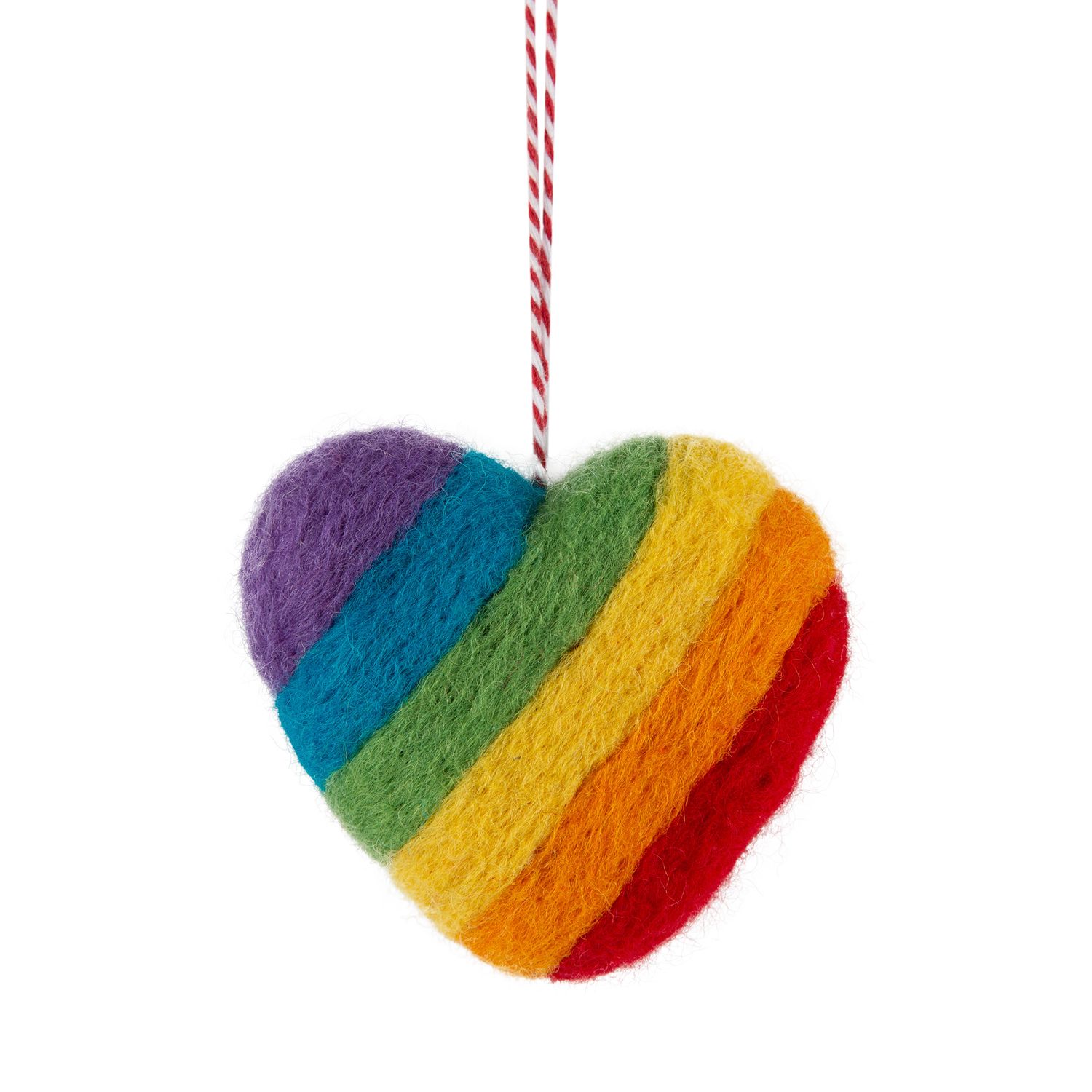 Felt heart ornament, rainbow-striped pattern, 2.75 in  6