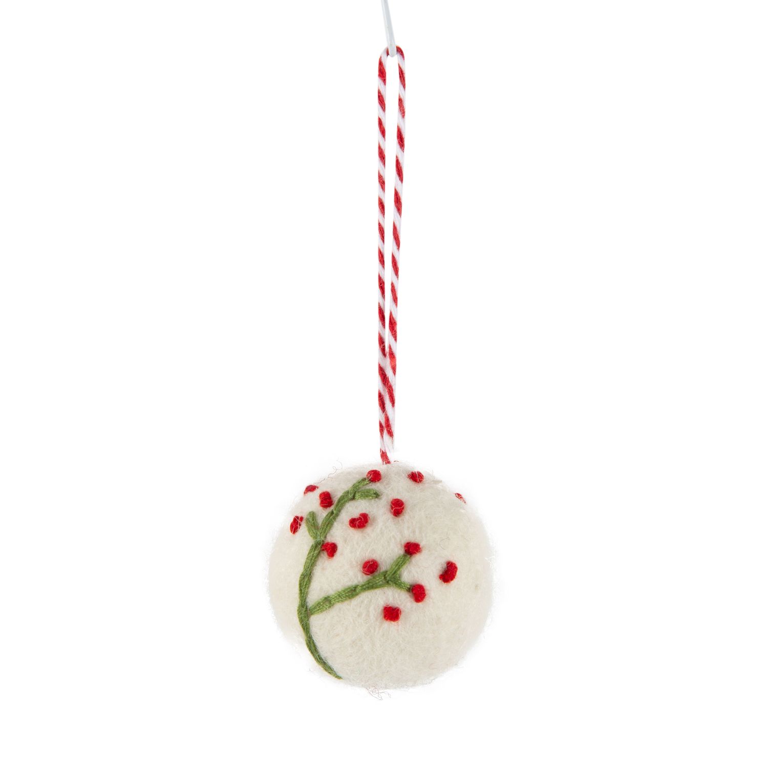 Felt ball ornament, white with red berries and green leaves embroidery, 1.5 in  12