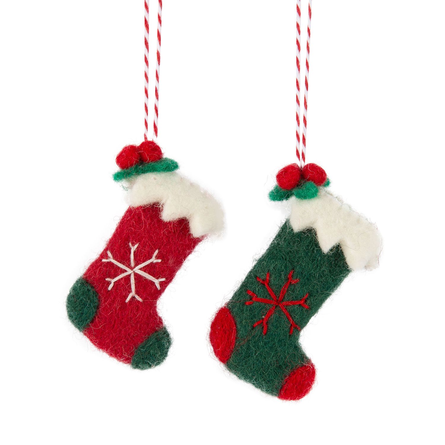 2 Asst&#39;d felt mini stocking ornaments, green/red with snowflake detail, 2.5 in  12